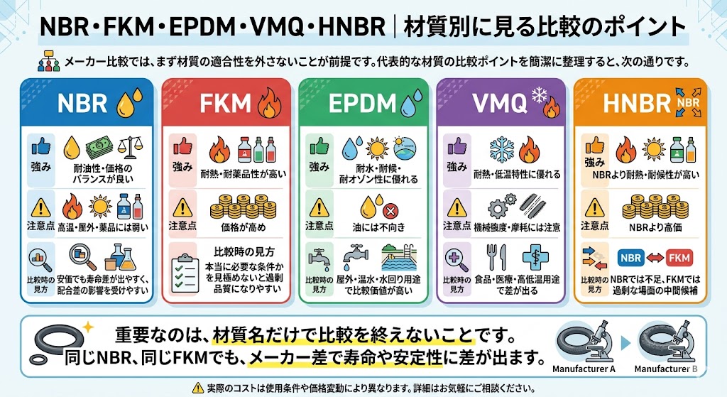 材質ごとの特徴だけでなく、メーカー差による寿命・安定性の違いも比較の重要ポイント