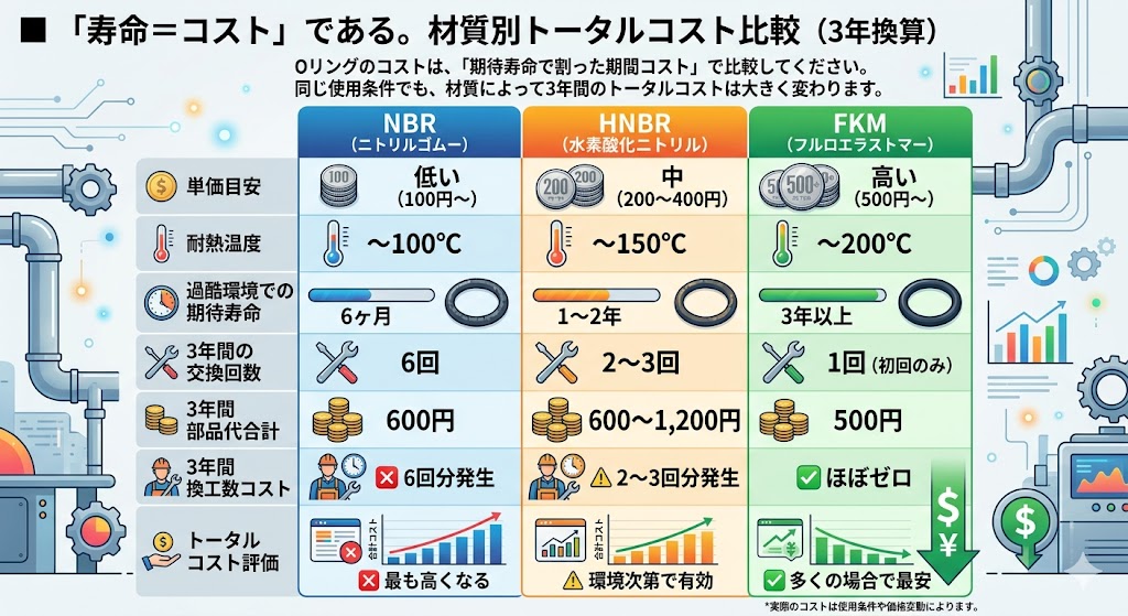 OリングのNBR・HNBR・FKM材質別トータルコスト比較表(3年換算)。単価・耐熱温度・期待寿命・交換回数・部品代合計・交換工数コストを比較したインフォグラフィック