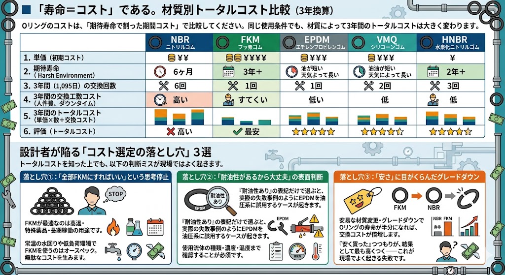 OリングのNBR・FKM・EPDM・VMQ・HNBR 5材質のトータルコスト比較(3年換算)と、設計者が陥るコスト選定の落とし穴3選(全部FKM・表面判断・グレードダウン)を図解したインフォグラフィック