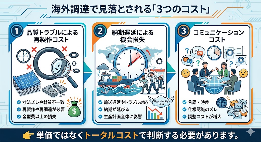 海外調達品に見られる品質ばらつきや表示不明瞭の例と、トータルコスト増加のリスクを示す現場写真