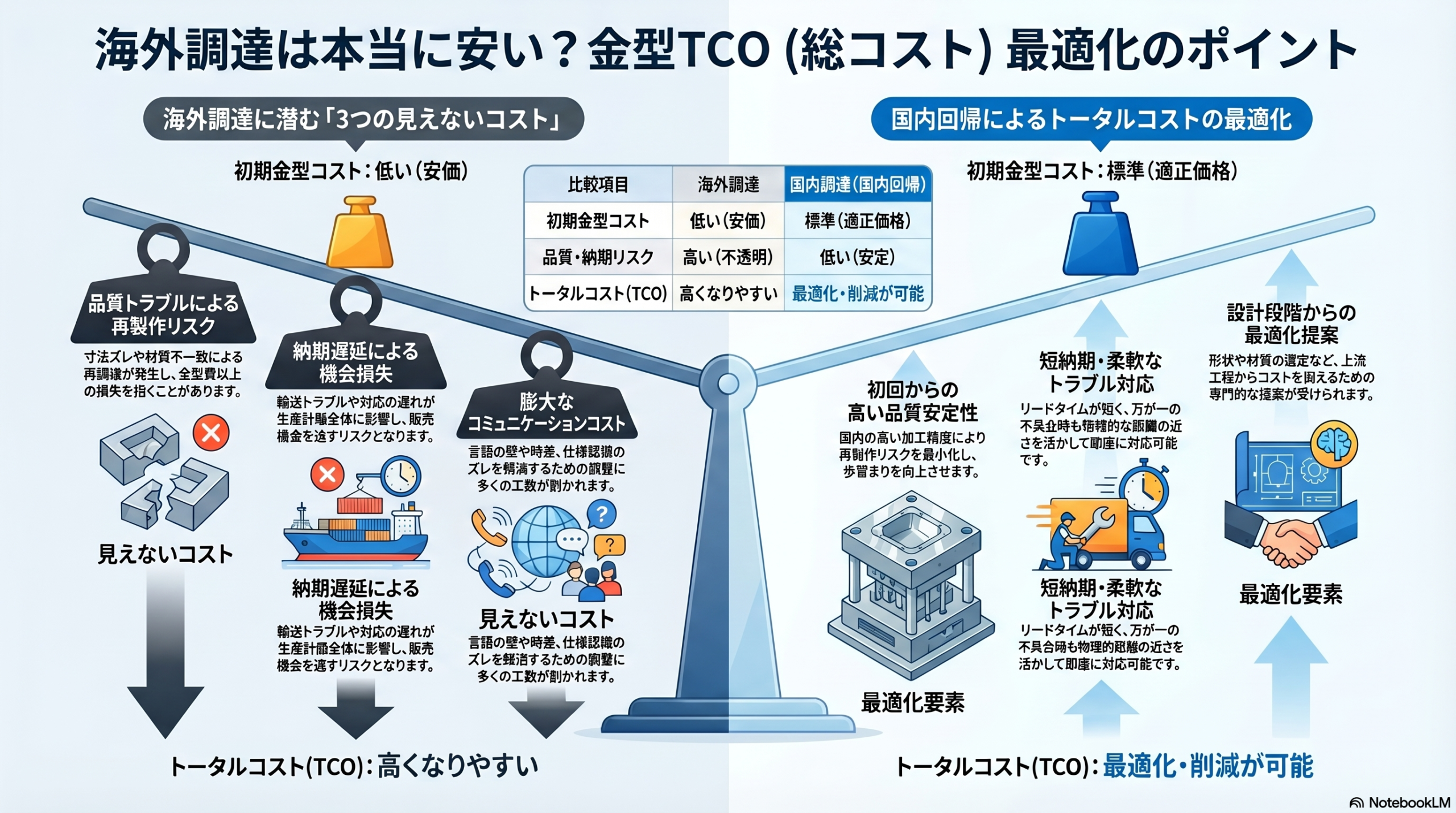 海外調達と国内調達のトータルコスト比較（品質トラブル・再製作リスク・納期遅延）を示し、国内回帰によるコスト最適化を解説した図