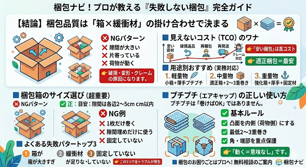 梱包の基本ガイド図｜箱サイズのミスとプチプチの誤使用による破損リスクと、正しい梱包方法でクレームを防ぐポイントを解説