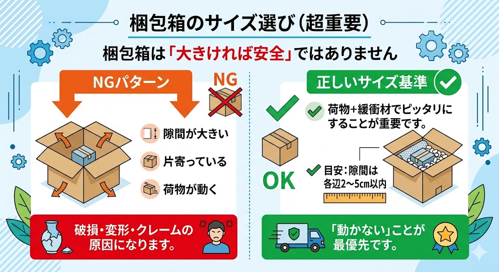 梱包箱サイズの失敗と正解を比較した図｜箱が大きすぎると破損・クレームの原因になり、適正サイズで固定することで安全性が向上するポイントを解説