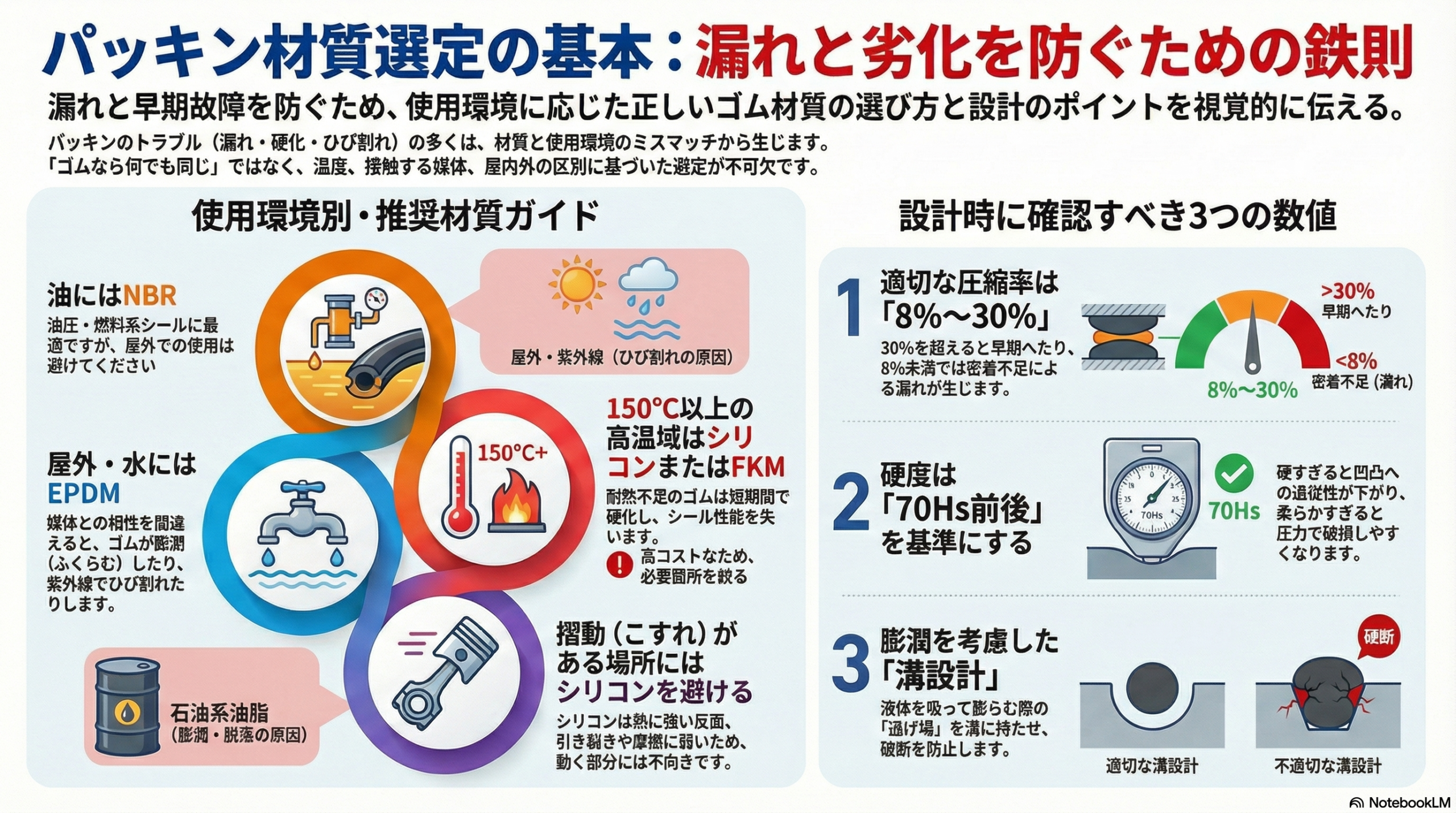パッキン材質選定の基本を解説したインフォグラフィック。使用環境別推奨材質（油にはNBR・屋外水にはEPDM・高温150℃以上はシリコンまたはFKM）と、設計時に確認すべき3つの数値（圧縮率8〜30%・硬度70Hs・膨潤を考慮した溝設計）の図解。