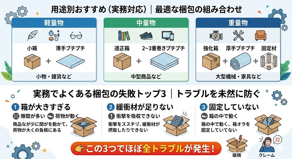 梱包の失敗と正しい方法を比較した図｜重量別の最適な梱包組み合わせと、箱サイズミス・緩衝不足・未固定による破損やクレーム発生の原因を解説