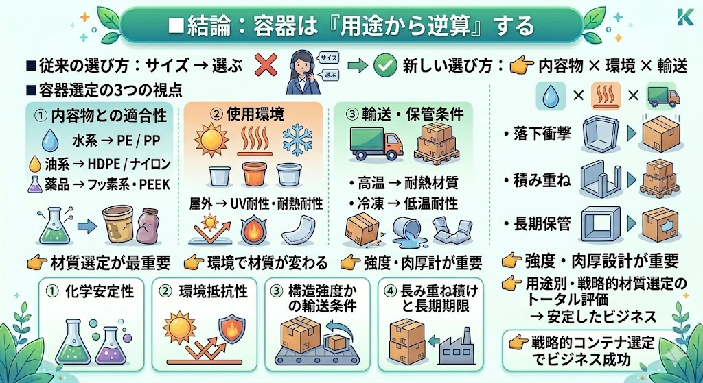 プラスチック容器の選び方で失敗する3つの原因（内容物・環境・輸送）と、液漏れ・クレーム・再発送などの見えないコスト（TCO）を解説したインフォグラフィック