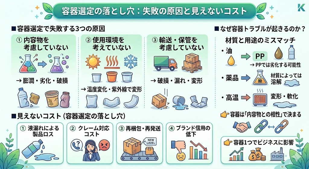 プラスチック容器の選び方を解説したインフォグラフィック。内容物との適合性、使用環境、輸送条件の3つの視点から材質（PE・PP・PET）を比較し、液漏れや破損などの見えないコスト（TCO）を防ぐ方法を示している