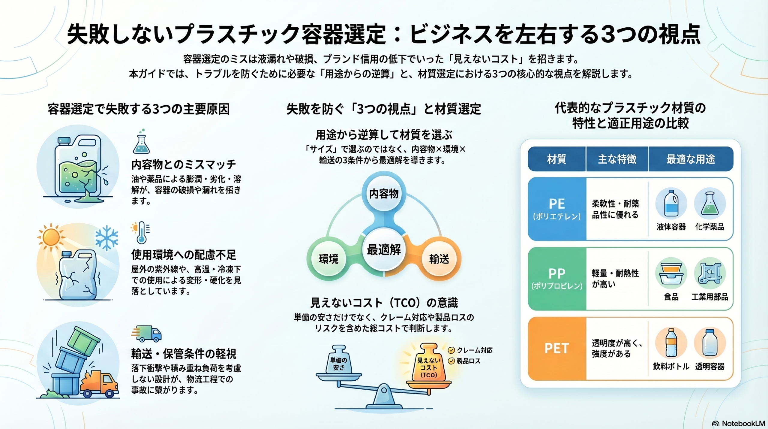 プラスチック容器の選び方を解説したインフォグラフィック。内容物との適合性、使用環境、輸送条件の3つの視点から材質（PE・PP・PET）を比較し、液漏れや破損などの見えないコスト（TCO）を防ぐ方法を示している