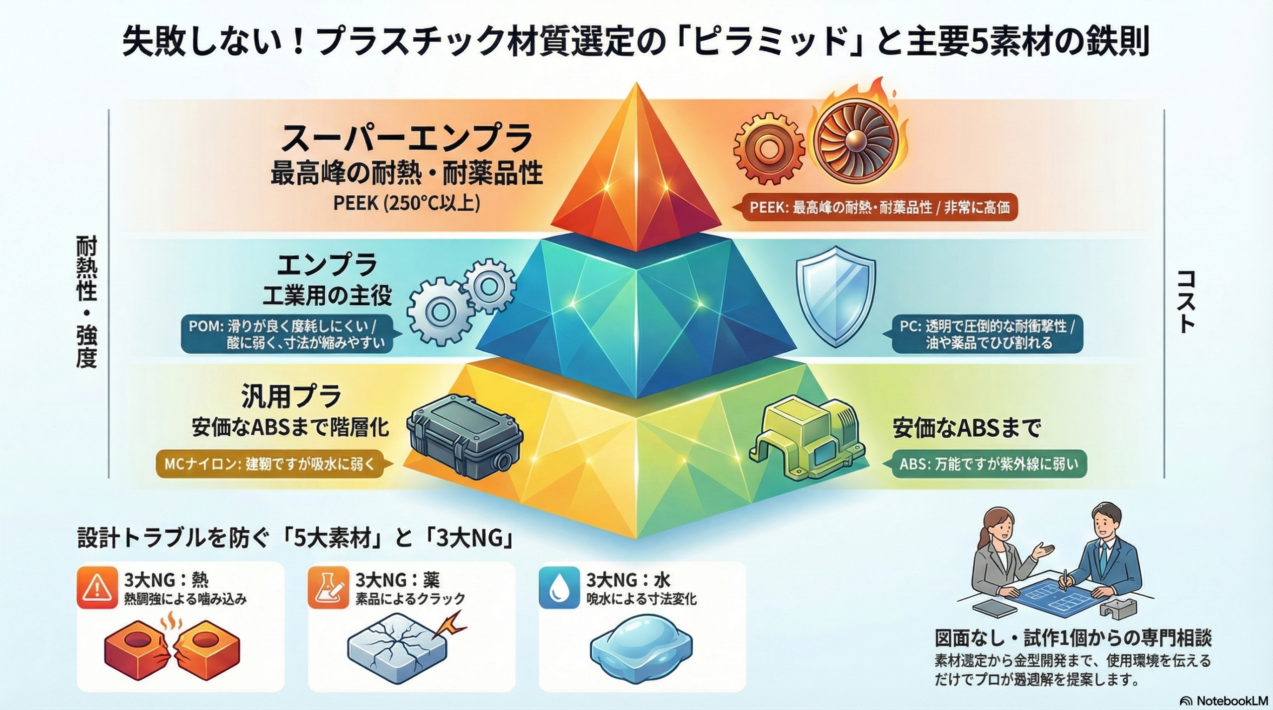 プラスチック材質選定ピラミッド｜ABS・MCナイロン・POM・PC・PEEKの耐熱性・強度・コスト比較と設計トラブルを防ぐ3大NG