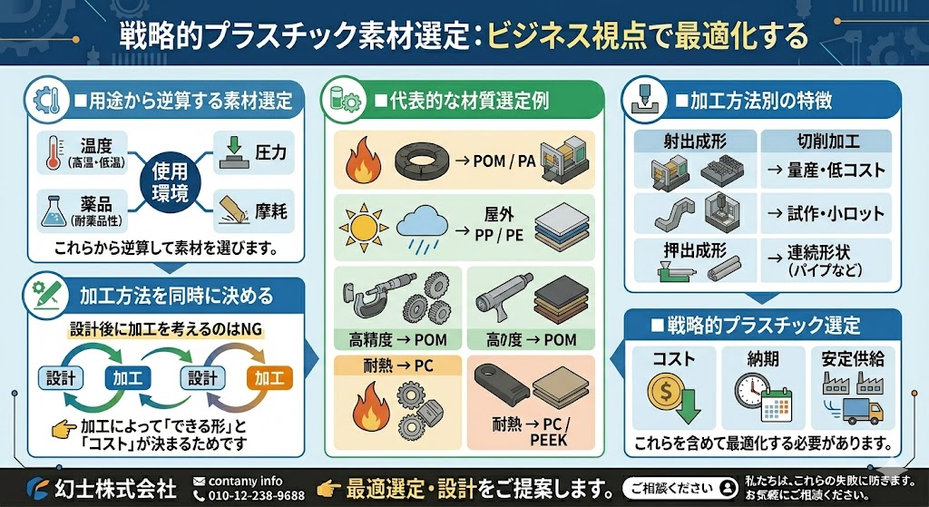 プラスチック材料選定の戦略ガイド|用途から逆算する材質選定と加工方法の最適化を解説した図