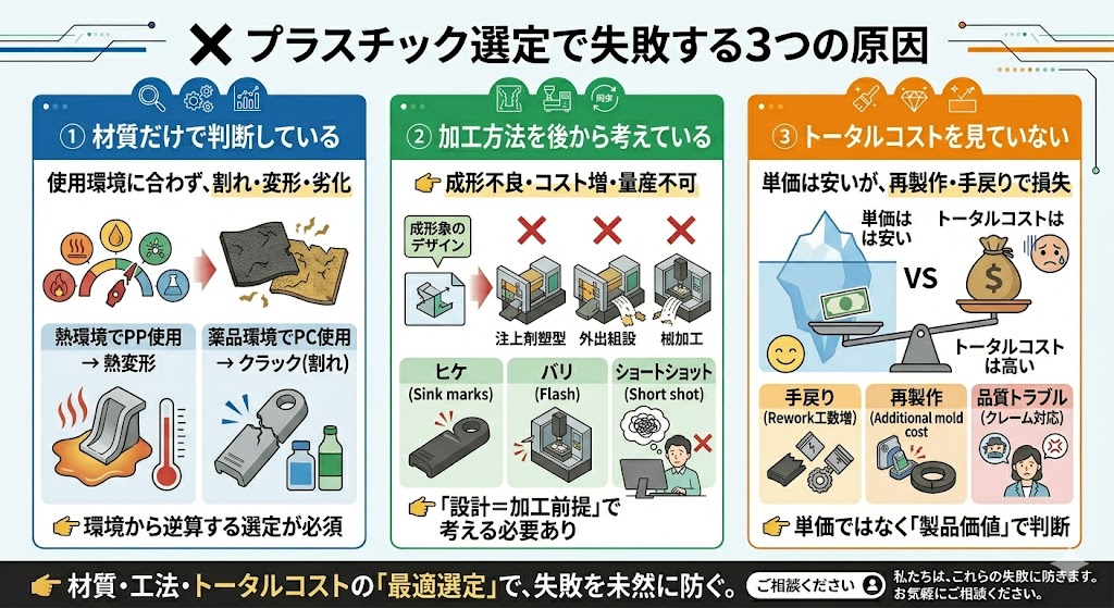 プラスチック選定で失敗する3つの原因(材質選定ミス・加工方法の後決め・トータルコスト無視)を解説した図解