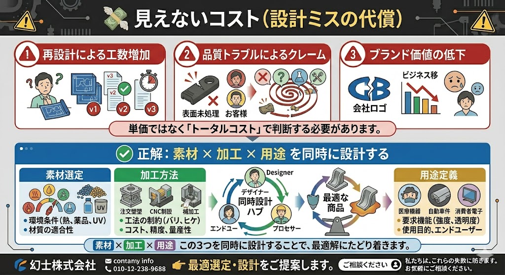 プラスチック設計の見えないコストと対策|素材・加工・用途を同時に最適化する設計手法の図解