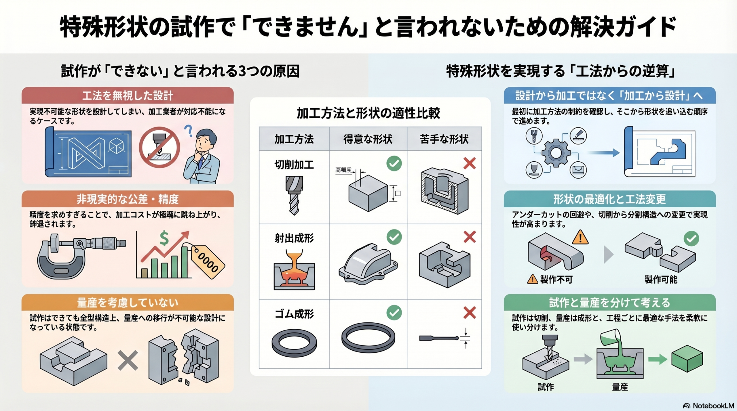特殊形状の試作で断られる原因と解決方法を解説した図。加工方法別の適用範囲（切削・射出・ゴム成形）と、工法から逆算する設計、形状最適化、試作と量産の使い分けによる解決アプローチを示している