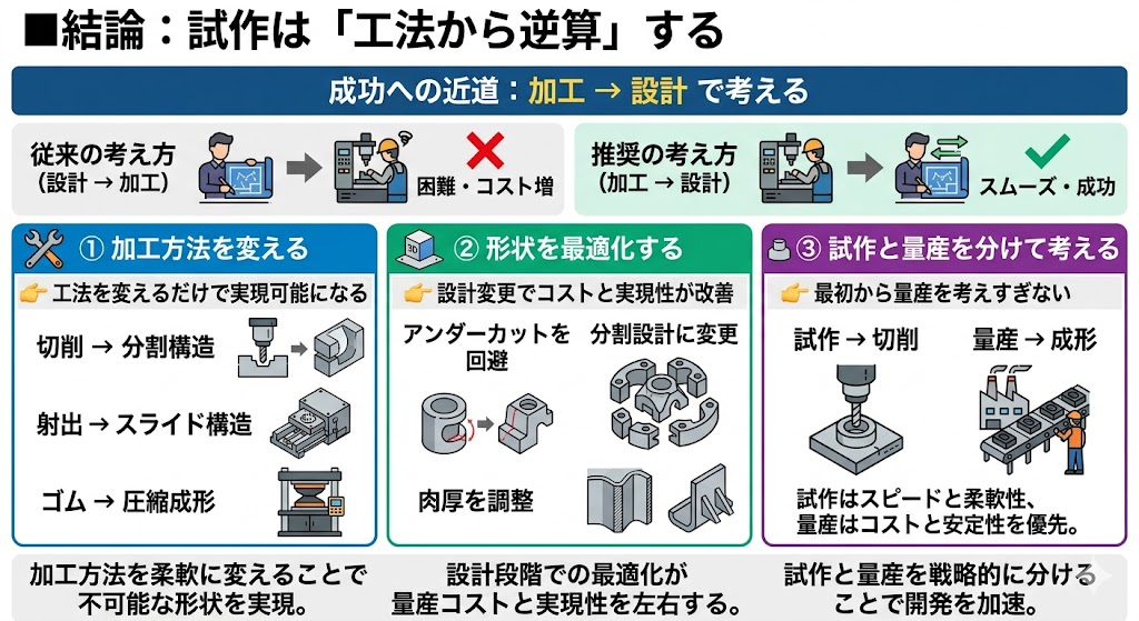 特殊形状の試作を成功させるために工法から逆算する設計手法を解説した図。加工方法の変更、形状最適化、試作と量産の分離によってコストと実現性を両立するアプローチを示している