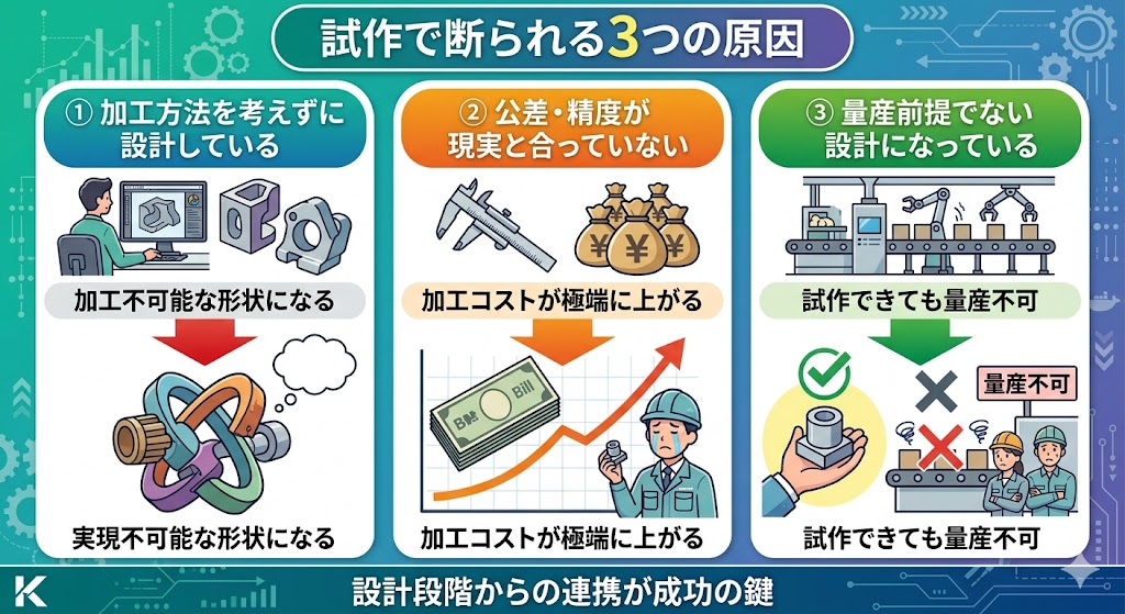 試作で「できない」と断られる3つの原因を図解。加工方法を考慮しない設計による製作不可、過剰な公差設定によるコスト増、量産を考慮しない設計による量産不可など、設計ミスが引き起こす問題を示している