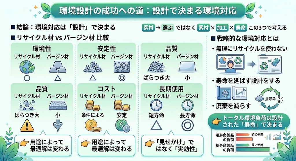 プラスチックのリサイクル材とバージン材の比較と、環境設計における最適な素材選定と寿命の考え方を解説した図