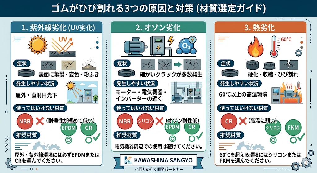 ゴムがひび割れる3つの原因と対策を解説したインフォグラフィック。①紫外線劣化（屋外・直射日光下でNBR不可→EPDMまたはCR推奨）、②オゾン劣化（モーター・電気機器・インバーター近くでNBR・シリコン不可→EPDMまたはCR推奨）、③熱劣化（60℃以上の高温環境でCR不可→シリコンまたはFKM推奨）の図解。川島産業株式会社。