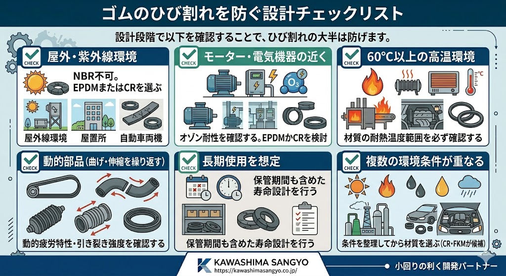 工業用ゴムパッキンのひび割れ実務事例3件を解説したインフォグラフィック。①屋外搬送機パッキン亀裂（NBR→EPDM変更で交換周期3倍・保全コスト削減）、②モーター周辺シールのオゾン劣化（NBR→CR変更で安定稼働）、③ヒーター周辺ゴムの熱硬化（CR→シリコン変更で長期安定稼働）のBEFORE/AFTER図解。川島産業株式会社。