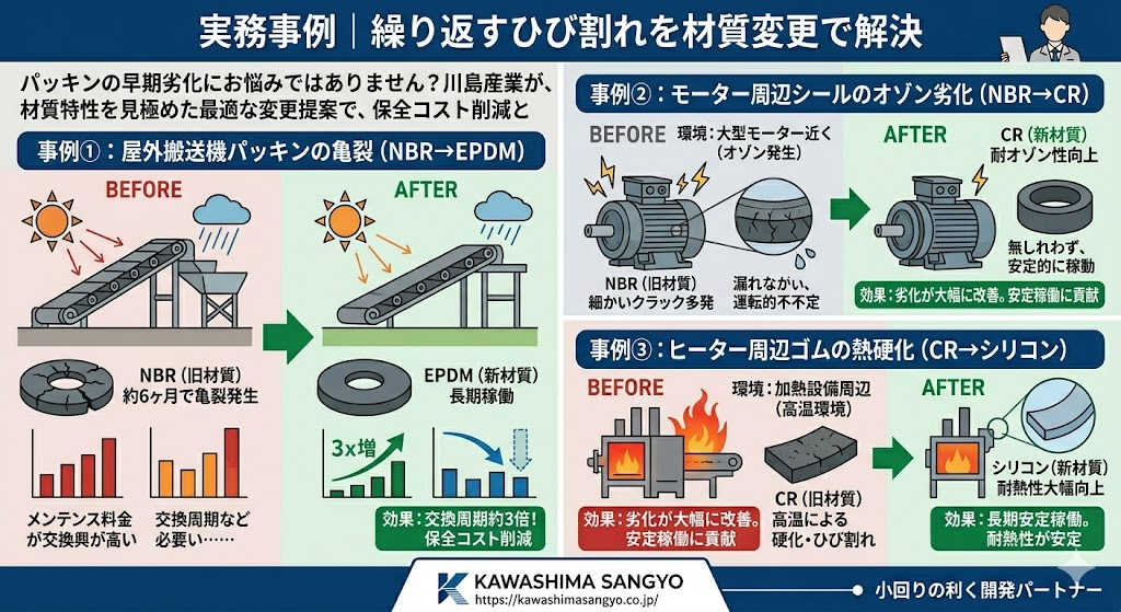 工業用ゴムパッキンのひび割れ実務事例3件を解説したインフォグラフィック。①屋外搬送機パッキン亀裂（NBR→EPDM変更で交換周期3倍・保全コスト削減）、②モーター周辺シールのオゾン劣化（NBR→CR変更で安定稼働）、③ヒーター周辺ゴムの熱硬化（CR→シリコン変更で長期安定稼働）のBEFORE/AFTER図解。川島産業株式会社。