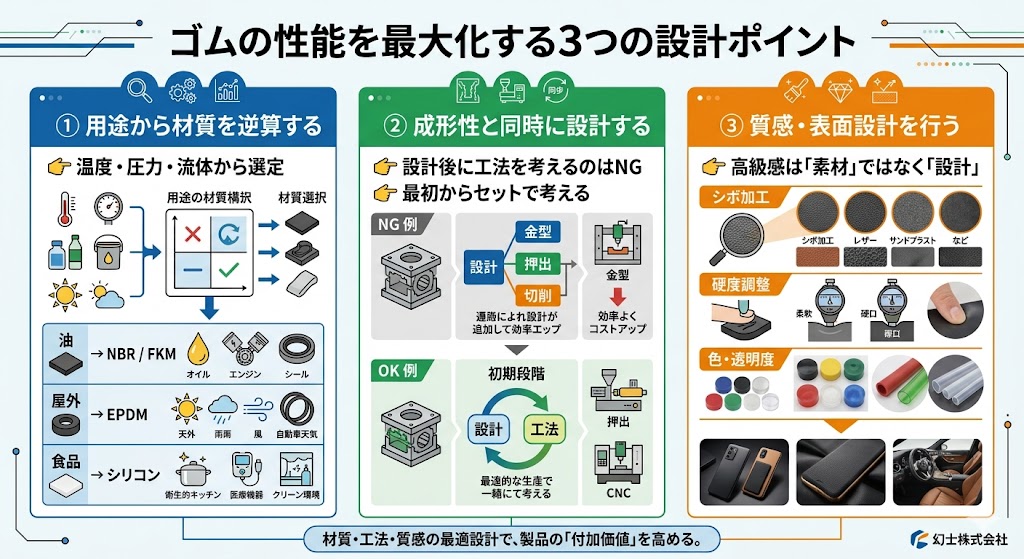ゴムの性能を最大化する3つの設計ポイント｜用途から材質を逆算・成形と同時設計・質感と表面設計による高付加価値化を図解で解説
