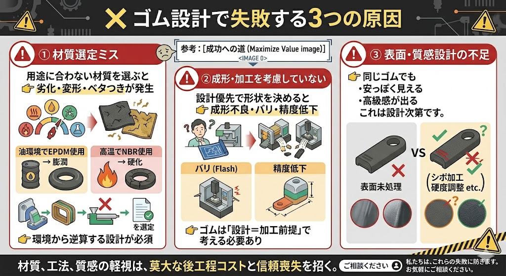 ゴム設計で失敗する3つの原因｜材質選定ミス・成形加工の未考慮・表面と質感設計不足による劣化・変形・バリ・安っぽさの問題を図解で解説