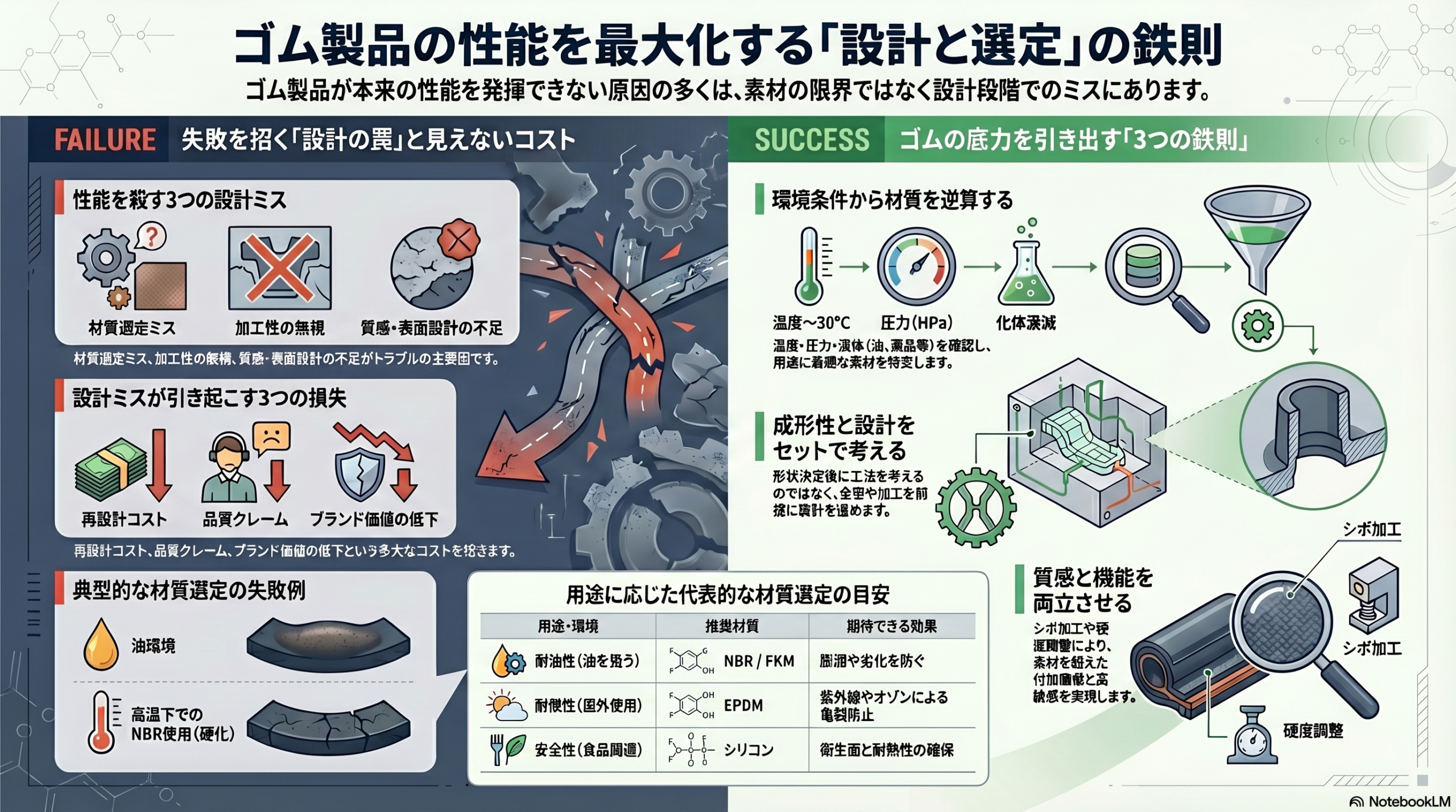 ゴム製品の性能を最大化する設計と選定のポイント｜材質選定ミス・成形性無視・質感設計不足による失敗と、環境条件から逆算する材質選定・成形設計・質感設計による改善を図解で解説