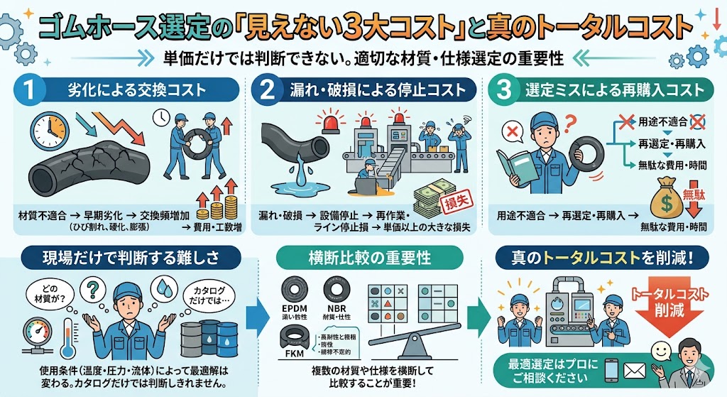 ゴムホースは単価だけで選ぶと失敗する|見えない3大コストと正しい比較の考え方