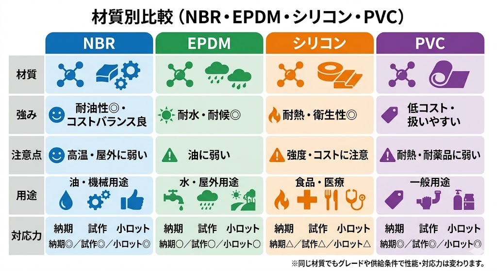 ゴムホースの材質別比較(NBR・EPDM・シリコン・PVC)の強み・注意点・用途・対応力をまとめた図