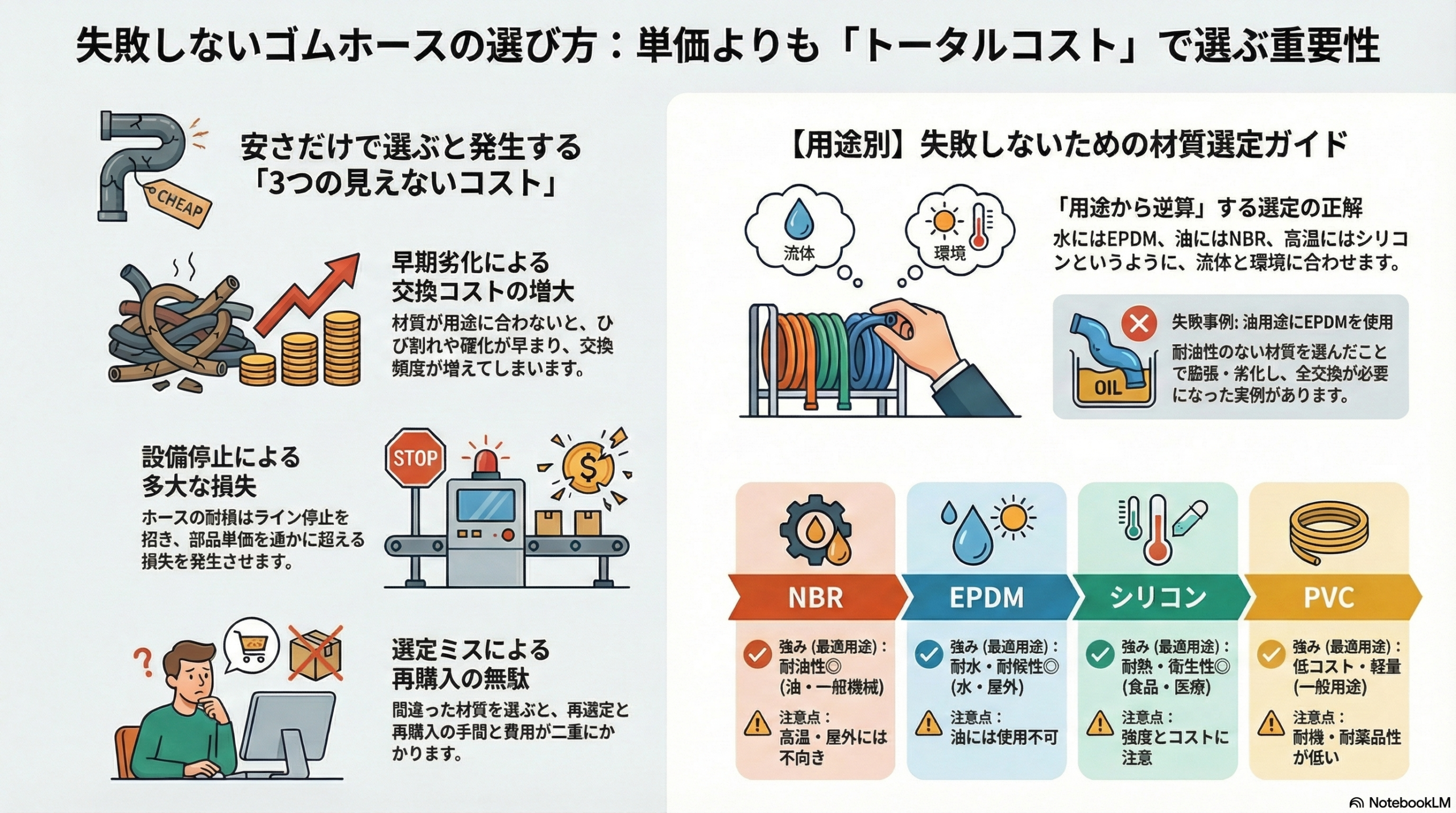 安さだけで選ぶと失敗する｜ゴムホースの見えないコストと用途別の正しい材質選定
