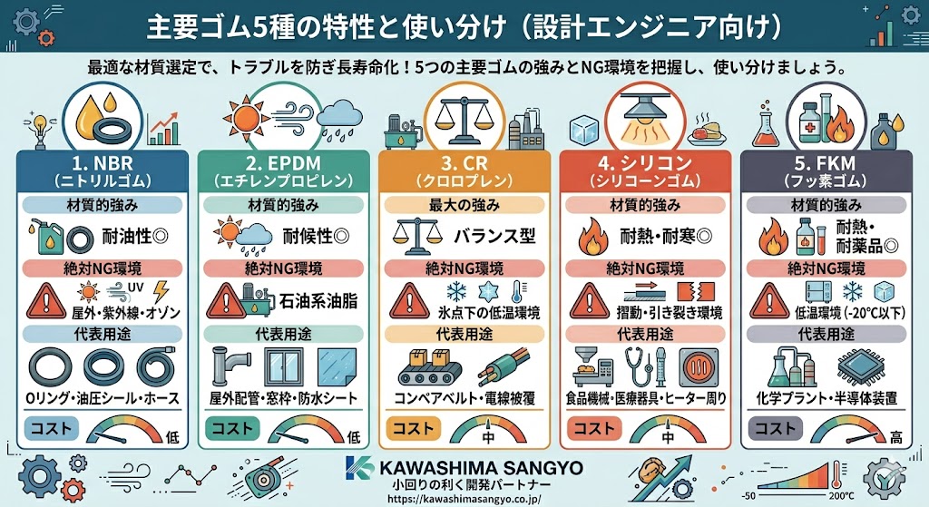 主要ゴム5種の特性と使い分けを解説したインフォグラフィック（設計エンジニア向け）。NBR（耐油性◎・屋外UV不可・Oリング用途・コスト低）、EPDM（耐候性◎・石油系油脂不可・屋外配管用途・コスト低）、CR（バランス型・低温不可・コンベアベルト用途・コスト中）、シリコン（耐熱耐寒◎・摺動引き裂き不可・食品医療用途・コスト中）、FKM（耐熱耐薬品◎・低温硬化・化学プラント用途・コスト高）の比較。川島産業株式会社。