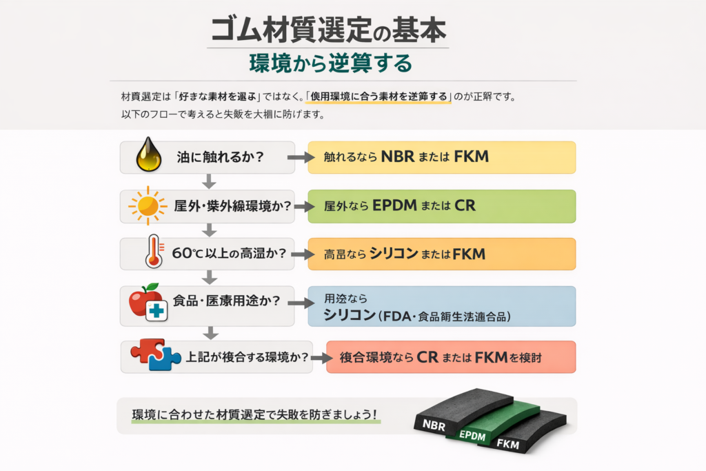 主要ゴム5種の特性と使い分けを解説したインフォグラフィック（設計エンジニア向け）。NBR（耐油性◎・屋外UV不可・Oリング用途・コスト低）、EPDM（耐候性◎・石油系油脂不可・屋外配管用途・コスト低）、CR（バランス型・低温不可・コンベアベルト用途・コスト中）、シリコン（耐熱耐寒◎・摺動引き裂き不可・食品医療用途・コスト中）、FKM（耐熱耐薬品◎・低温硬化・化学プラント用途・コスト高）の比較。川島産業株式会社。