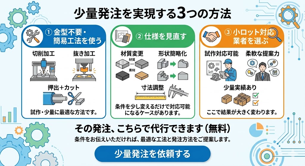 ゴム部品の少量発注を実現する3つの方法(金型不要工法・仕様見直し・小ロット対応業者選定)と発注代行の提案を示した図
