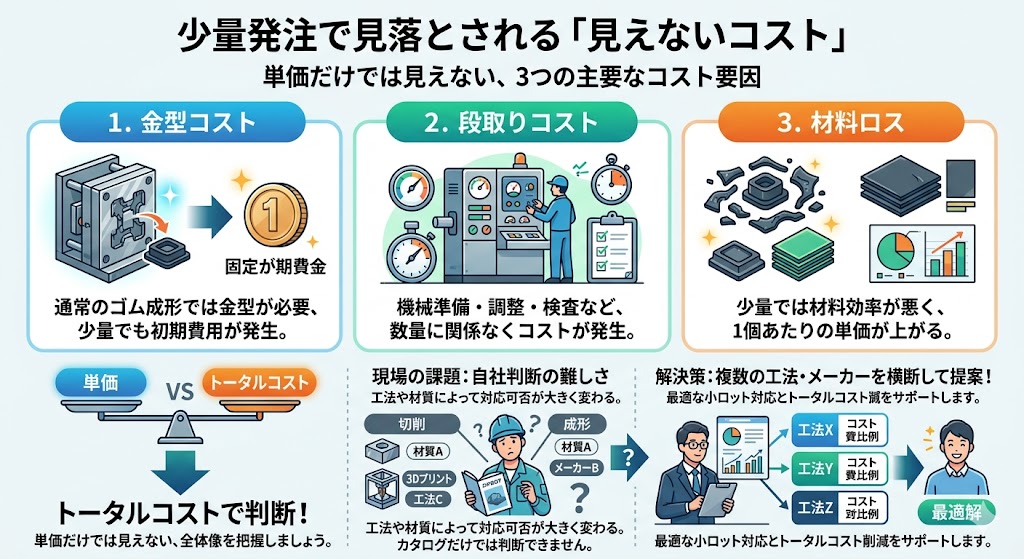 ゴム部品の少量発注で発生する見えない3大コスト(金型コスト・段取りコスト・材料ロス)とトータルコストで判断する重要性を解説した図