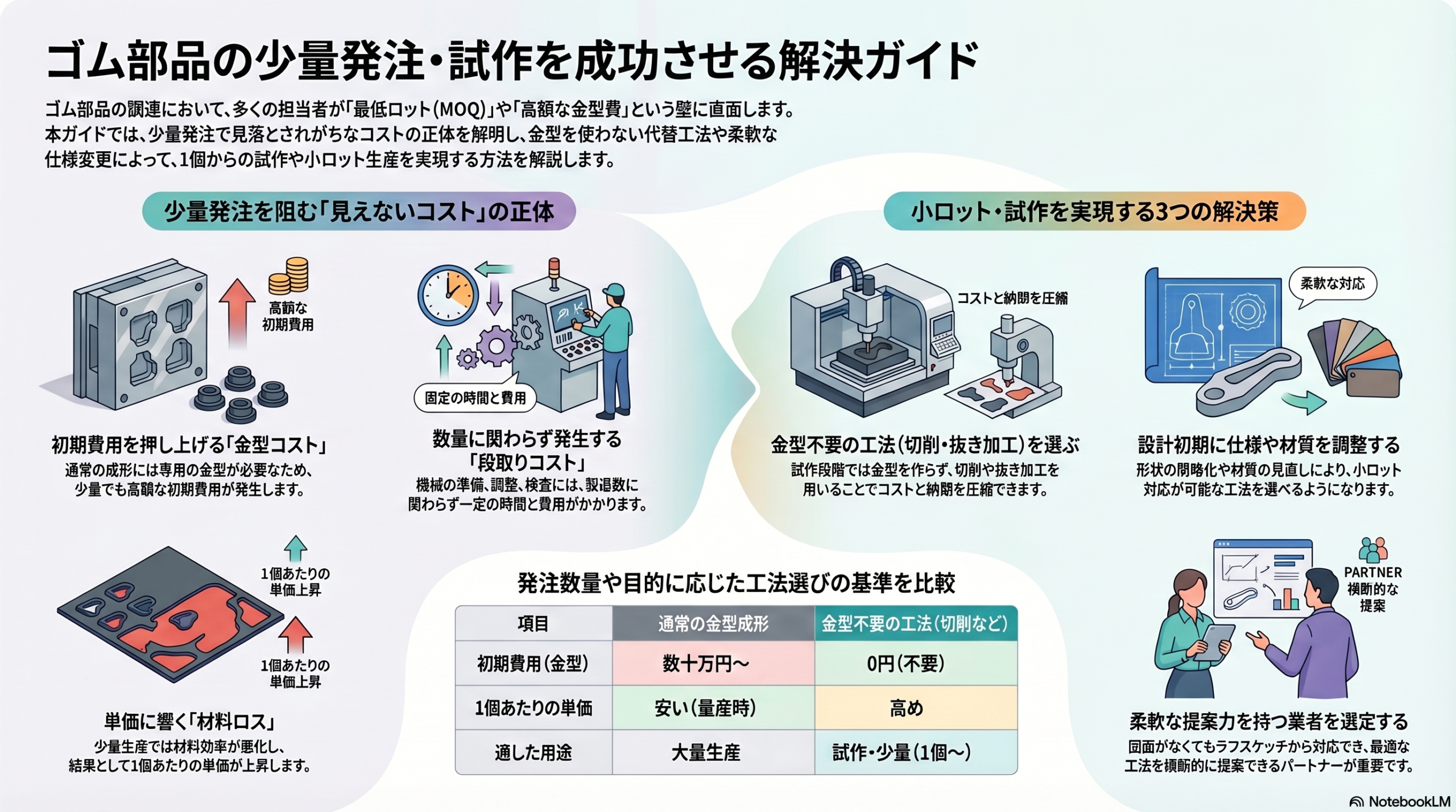 ゴム部品の少量発注や試作が難しい理由（金型コスト・段取りコスト・材料ロス）と、小ロットを実現する解決策（工法選定・仕様調整・業者選定）を解説した図