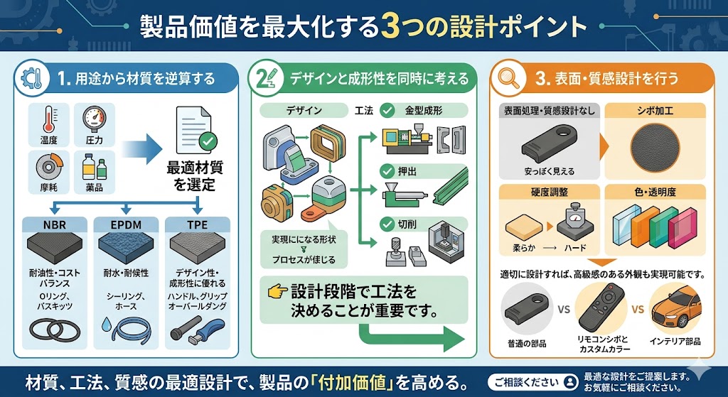 ゴム・TPE製品の価値を高めるための3つの設計ポイント（用途からの材質選定・工法選定・表面質感設計）を示した図解