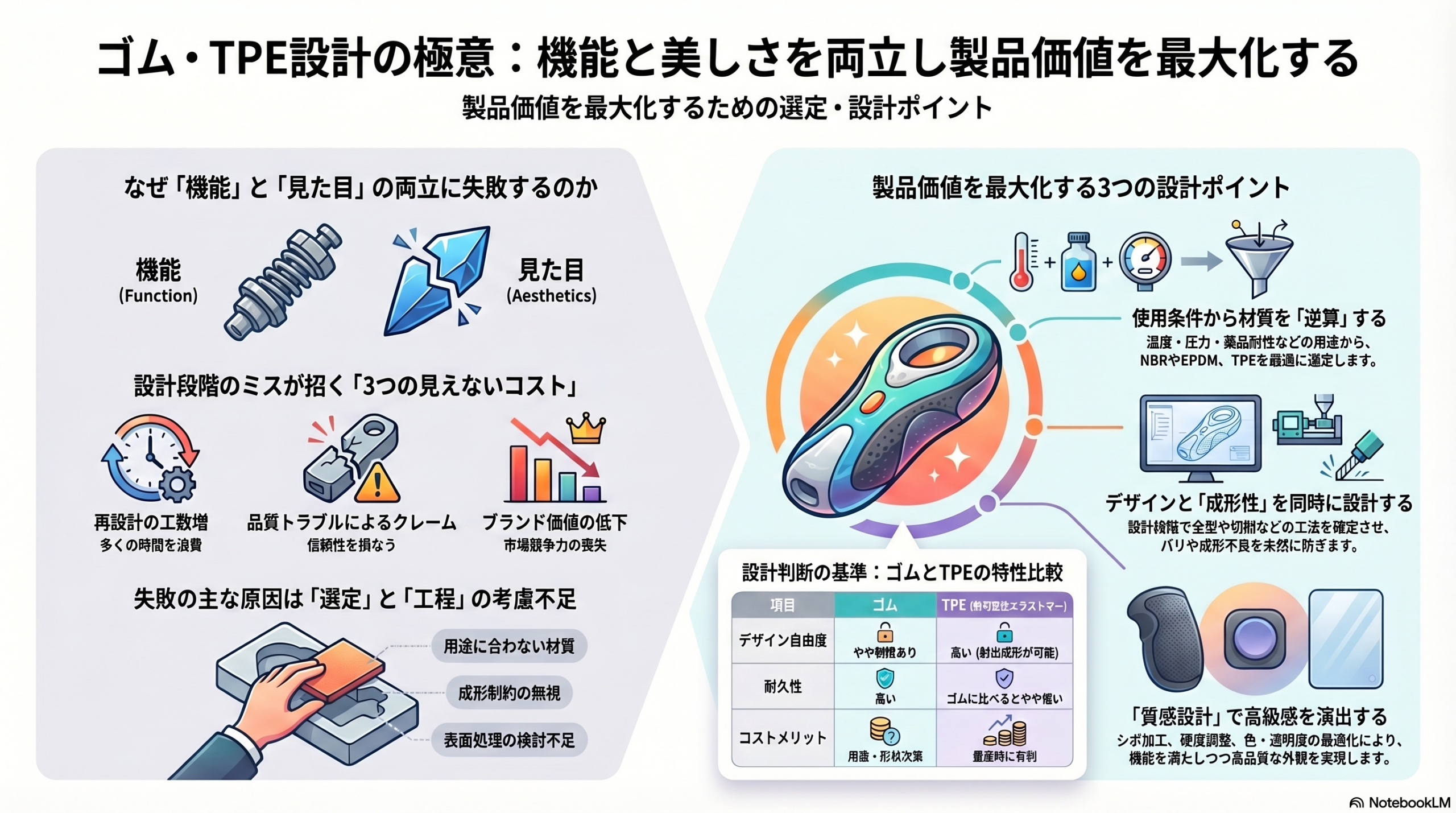ゴム・TPE設計における機能と見た目の両立課題と、製品価値を最大化する3つの設計ポイント（材質選定・成形性・質感設計）を示した図解