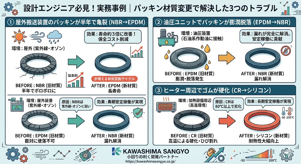 工業用ゴムパッキンの材質変更で解決した実務事例3件のインフォグラフィック。①屋外搬送装置パッキン亀裂（NBR→EPDM変更で寿命3倍・保全コスト削減）、②油圧ユニットでパッキン膨潤脱落（EPDM→NBR変更で漏れ完全解消）、③ヒーター周辺ゴム硬化（CR→シリコン変更で長期安定稼働・耐熱性大幅向上）のBEFORE/AFTER図解。川島産業株式会社。