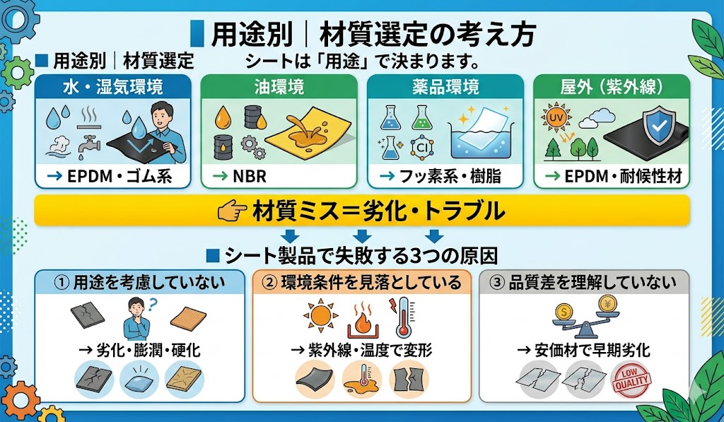 シート製品の材質選定方法|用途別(水・油・薬品・屋外)に最適な材質(EPDM・NBR・フッ素系)と、選定ミスによる劣化・トラブル原因を解説した図