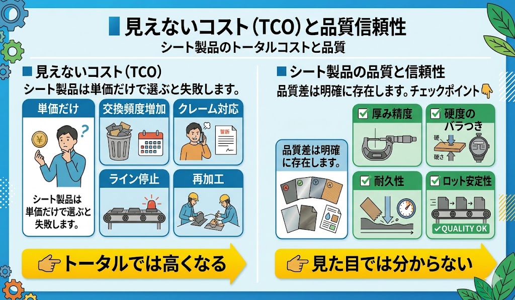 シート製品の見えないコスト(TCO)と品質差の関係|単価だけで選ぶと交換頻度増加・クレーム・ライン停止などのコスト増につながることを解説した図