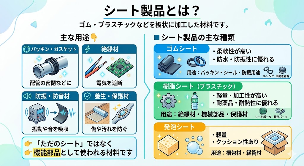 シート製品とは何かを解説した図|ゴムシート・樹脂シート・発泡シートの種類と特徴、用途(パッキン・絶縁・防振・保護材)をわかりやすく整理