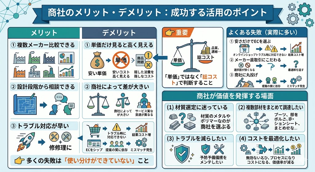 商社のメリットとデメリット|コスト・提案力・トラブル対応の違いを比較解説した図