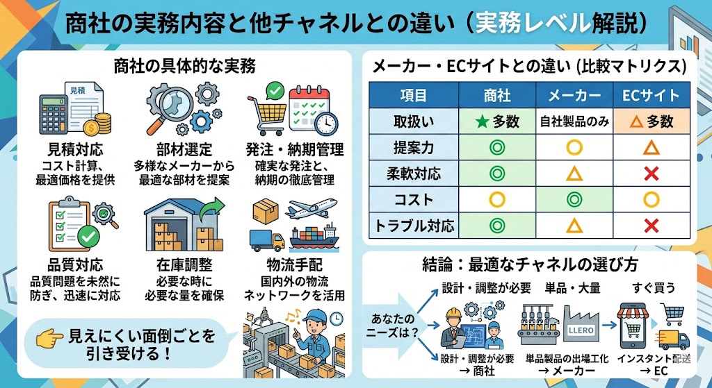 商社の業務内容とは?見積・部材選定・物流・品質対応とメーカー・ECとの違いを比較した図