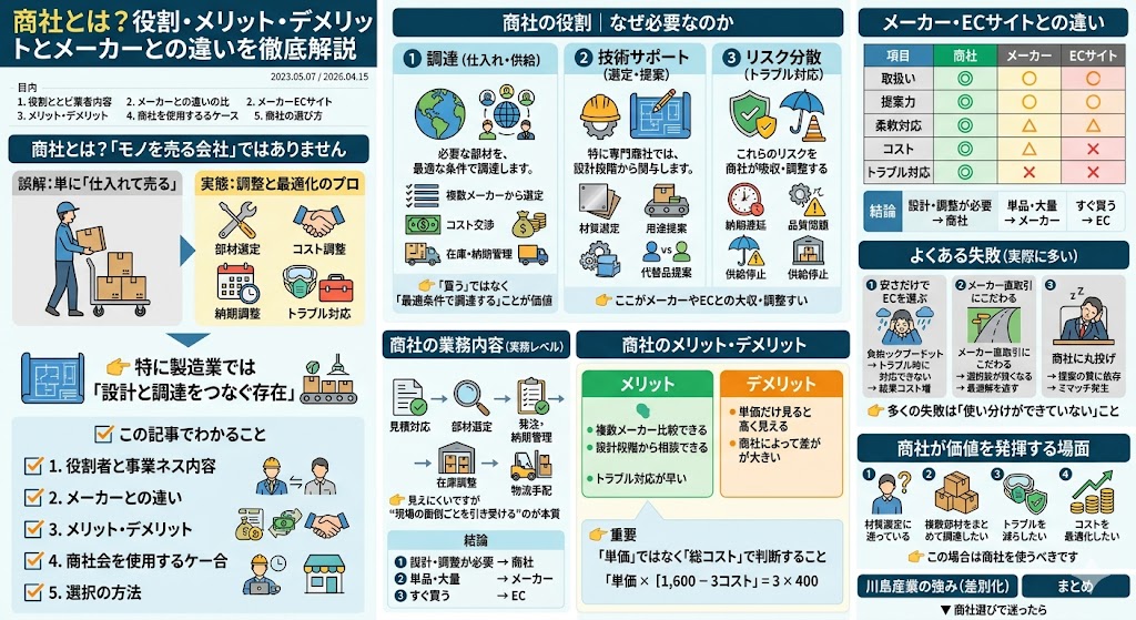 商社の役割とメリット・デメリット｜メーカー・ECサイトとの違いをわかりやすく解説した図
