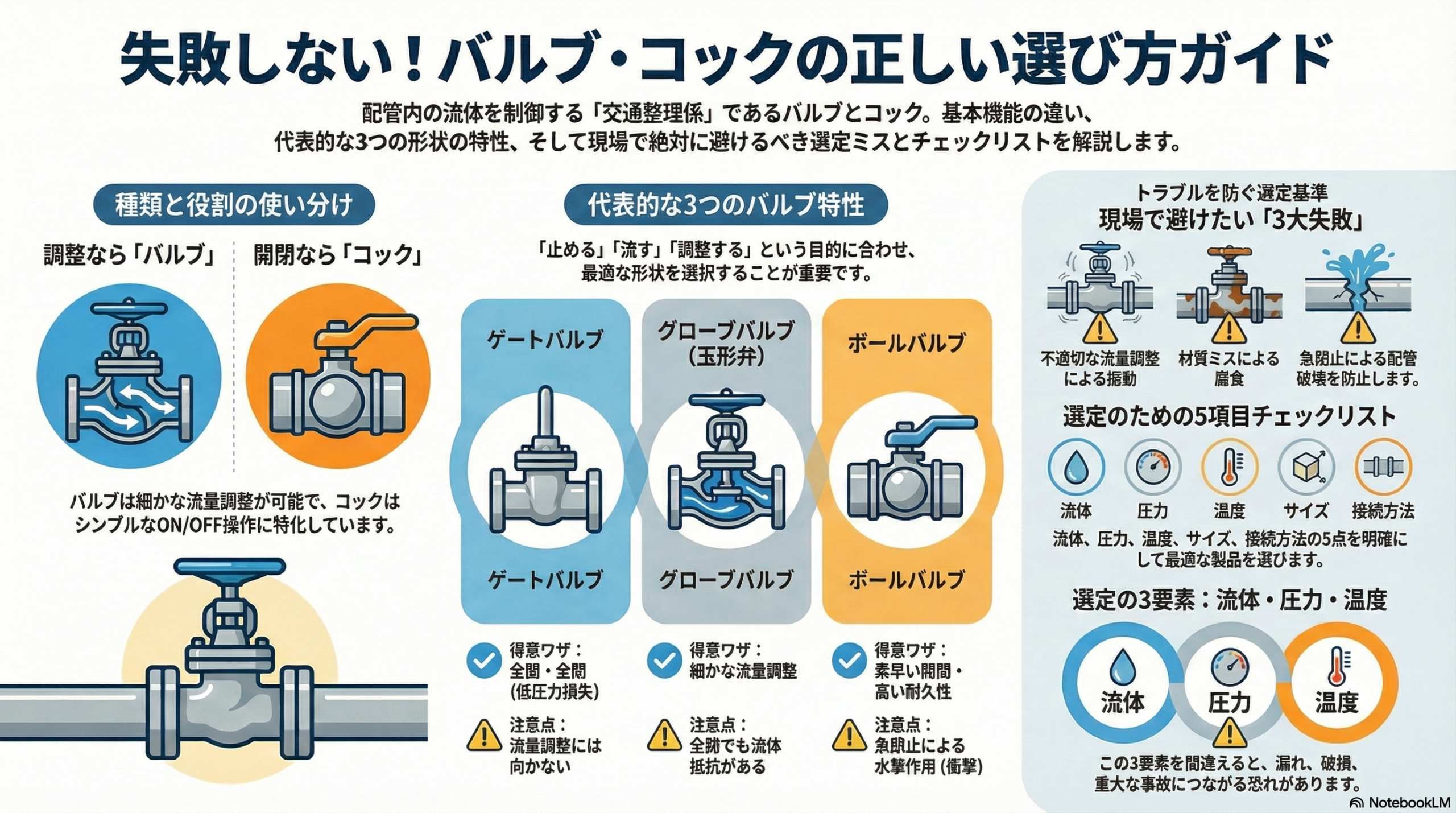 バルブ コック 違いと選び方｜種類別特徴と流体・圧力・温度による選定基準の図解