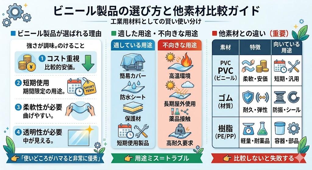 ビニール製品（PVC）の選び方と他素材比較｜用途別適正とゴム・樹脂との違いを解説したインフォグラフィック