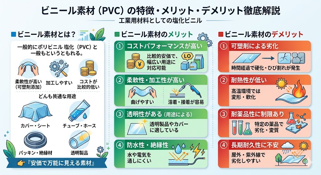 ビニール素材（PVC）の特徴・メリット・デメリットを解説｜コスト・加工性・耐熱性・耐薬品性の比較インフォグラフィック
