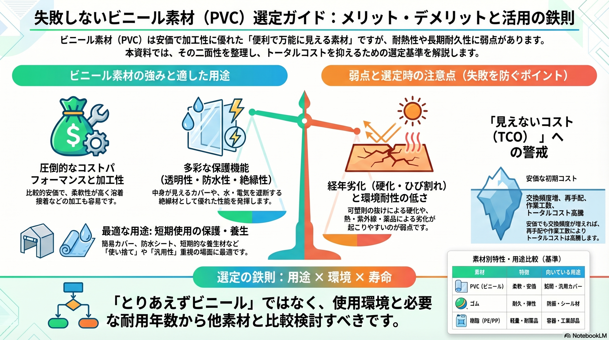 ビニール素材（PVC）のメリット・デメリット比較と用途別選定ポイント｜コスト・耐久性・TCOを解説したインフォグラフィック