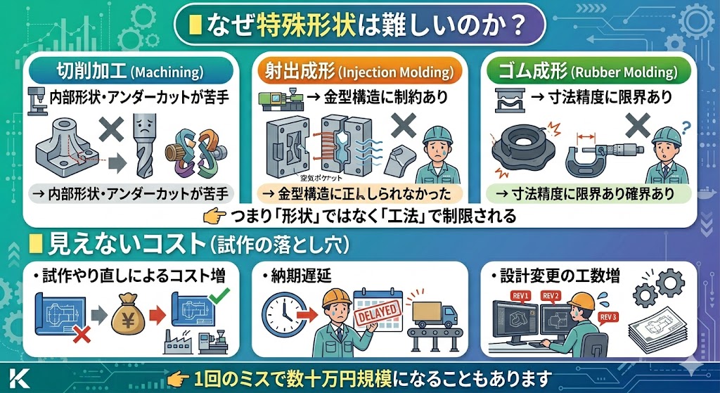 特殊形状の試作が難しい理由を図解。切削加工の内部形状制約、射出成形の金型制約、ゴム成形の精度限界といった工法ごとの制限に加え、試作やり直しによるコスト増や納期遅延、設計変更工数増などの見えないコストを説明している