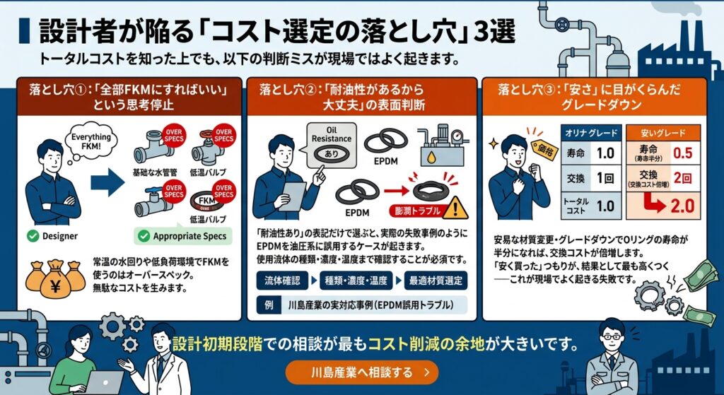 設計者が陥るOリングコスト選定の落とし穴3選(オーバースペック・耐油性の表面判断・安易なグレードダウン)を図解したインフォグラフィック